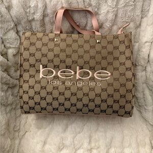 Bebe Beige and Pink Logo Tote